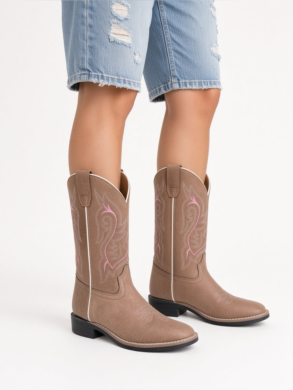 Brown Suede Women’s Western Ankle Booties with Pink Stitching